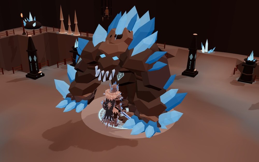 The Glacial Behemoth towers over an adventurer in full Frozen armour, wielding a Frostfang sword and Frozen shield