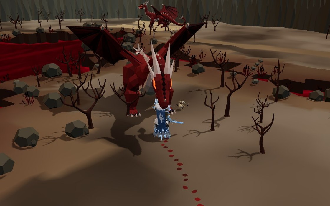 An adventurer in full Frozen armour faces a red dragon beside the blood-red lake, carrying a Frostfang sword and Frozen shield