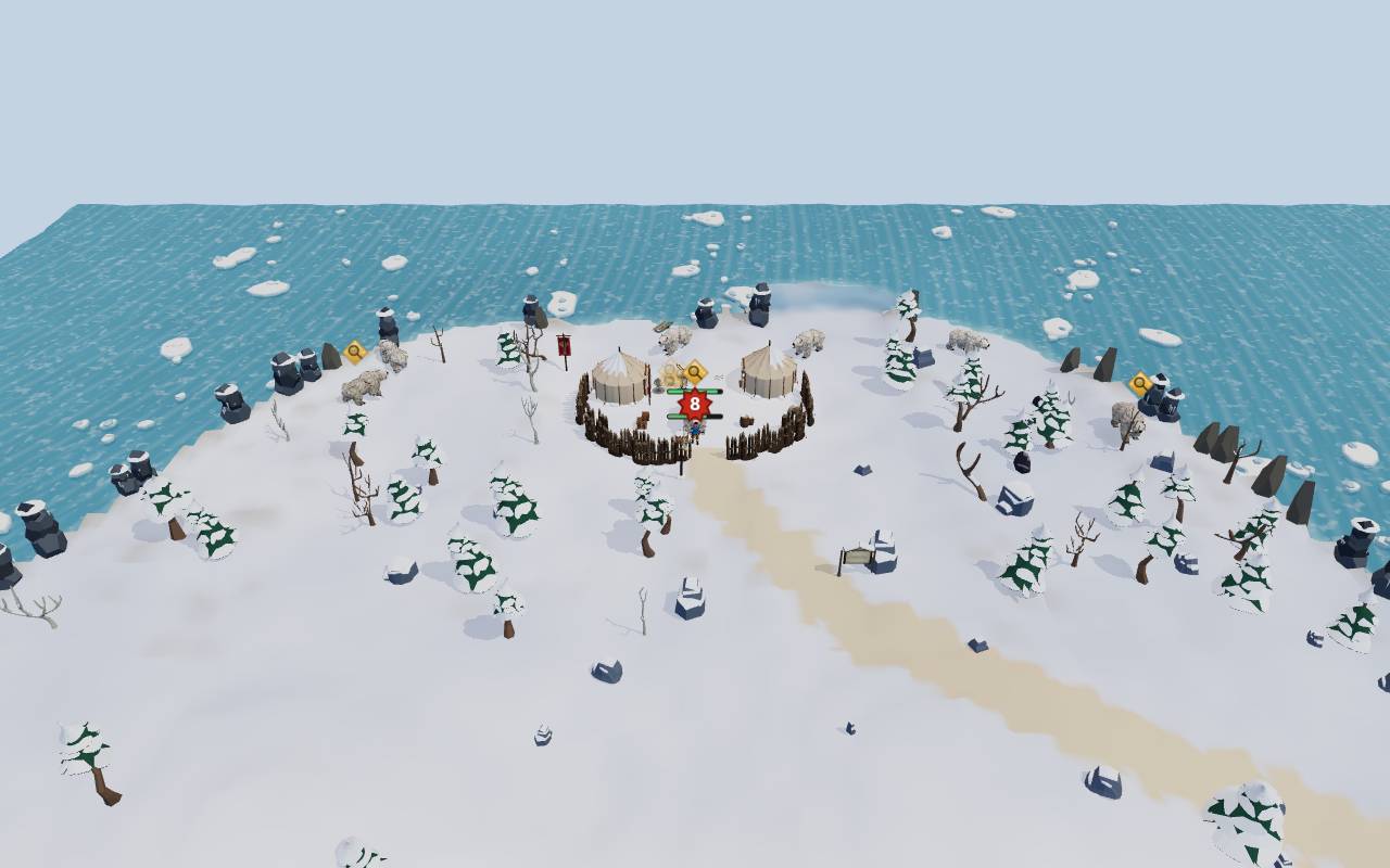 A snowy coastal camp surrounded by ice floes and pale blue sea