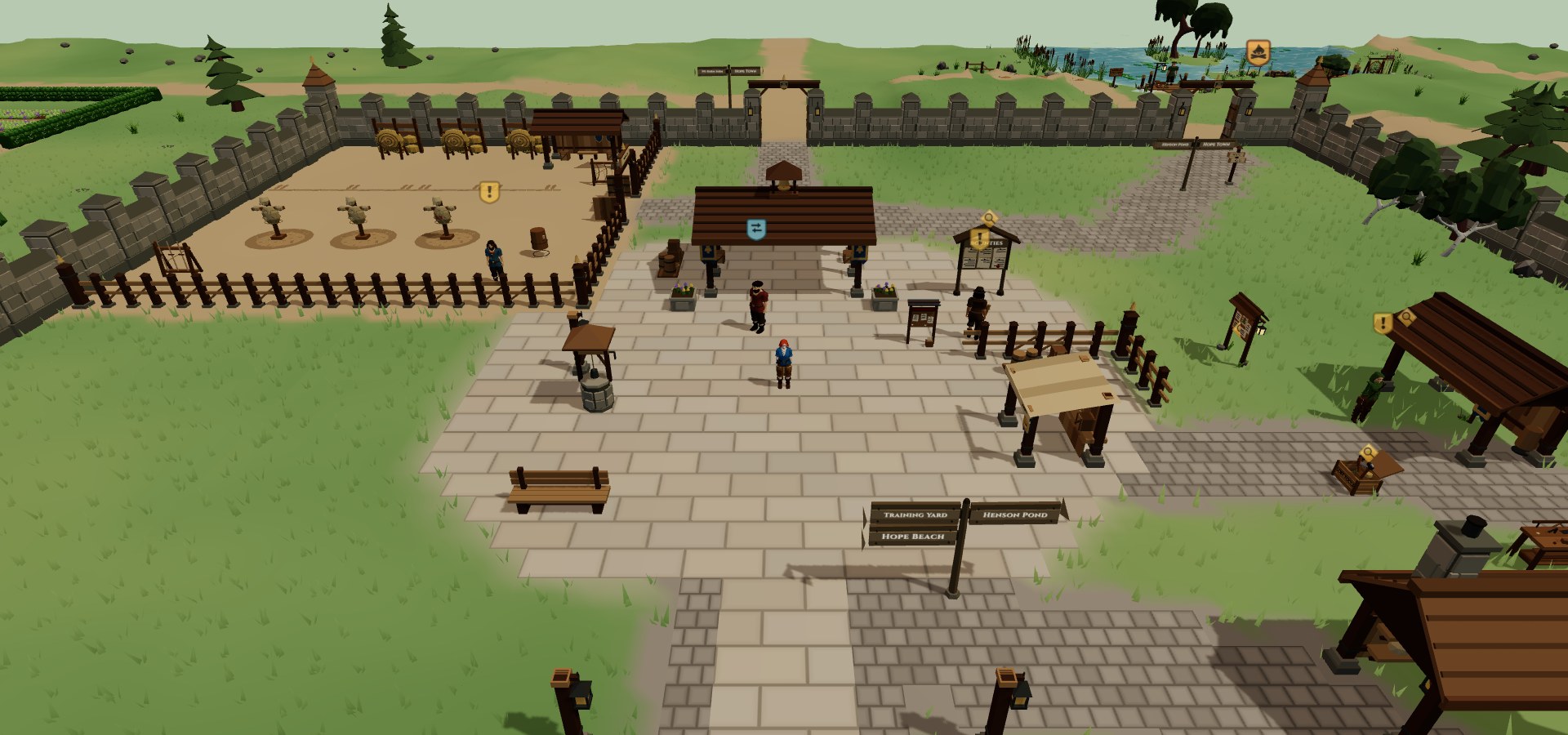 Hope Town's flagged square with a well, signposts to the training yard, Henson Pond and Hope Beach, and the archery butts behind a fence