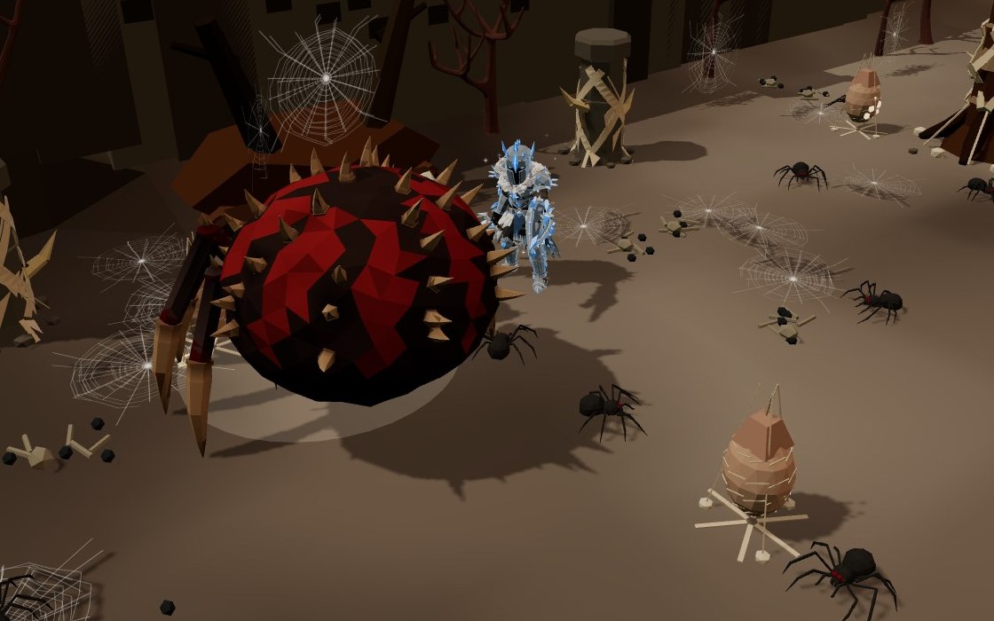An adventurer wearing full Frozen armour battles the Spider Matriarch with a Frostfang sword and Frozen shield among webs and spiderlings