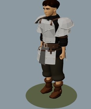 A player wearing angular silver steel body armour over dark clothing